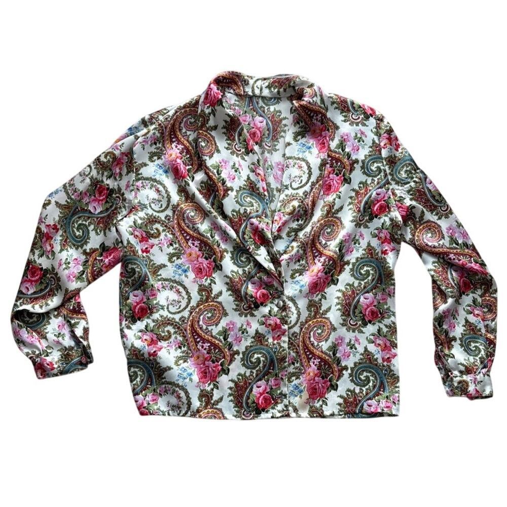 Vintage Floral Paisley Satin Pajama Blouse — Zimmermann-Style, No Tag, Size M/L